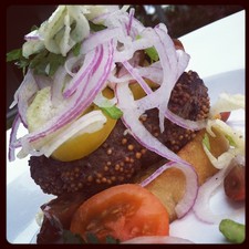 Mustard Seed Crusted Bison Burger and red onion slaw with crostini